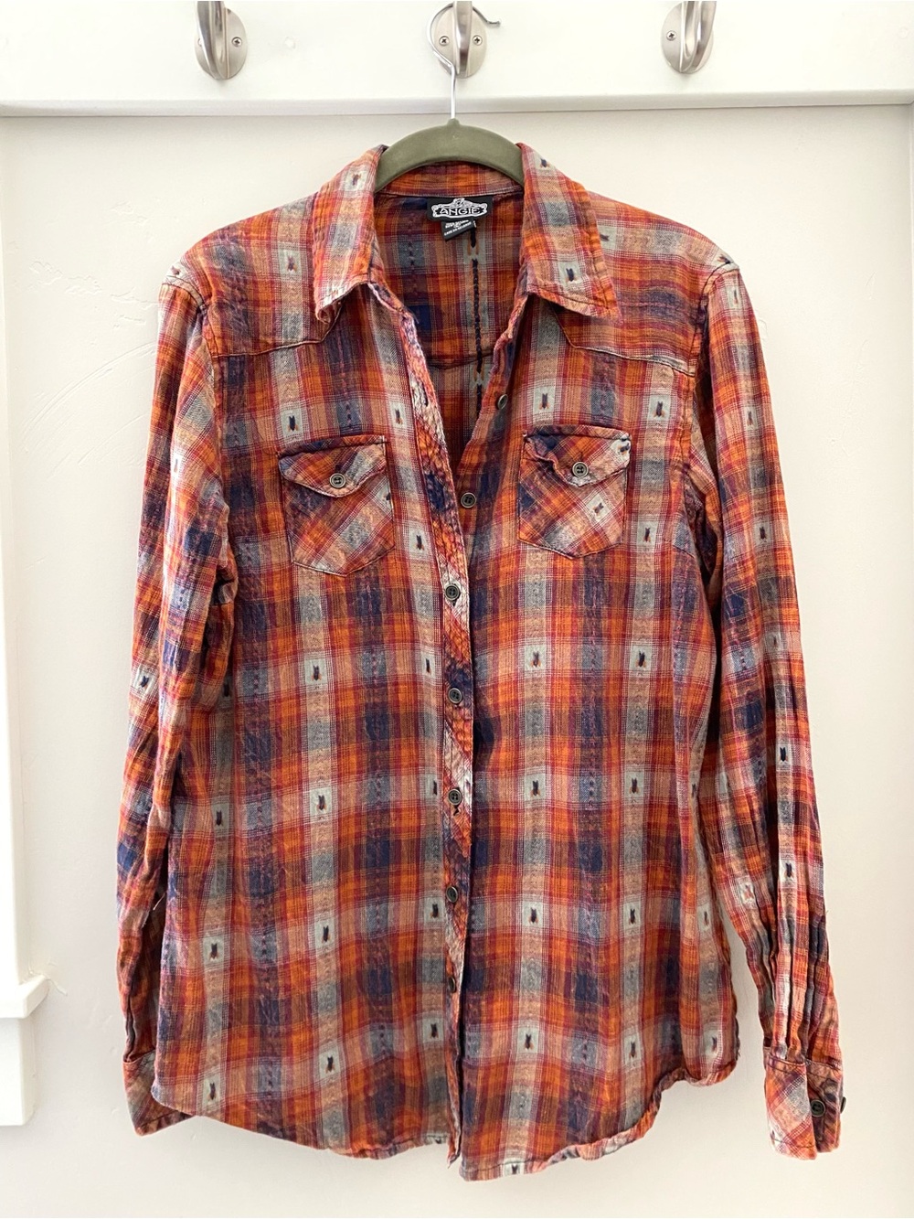 Angie Western Acid Washed Plaid Button Down 100% Cotton Large